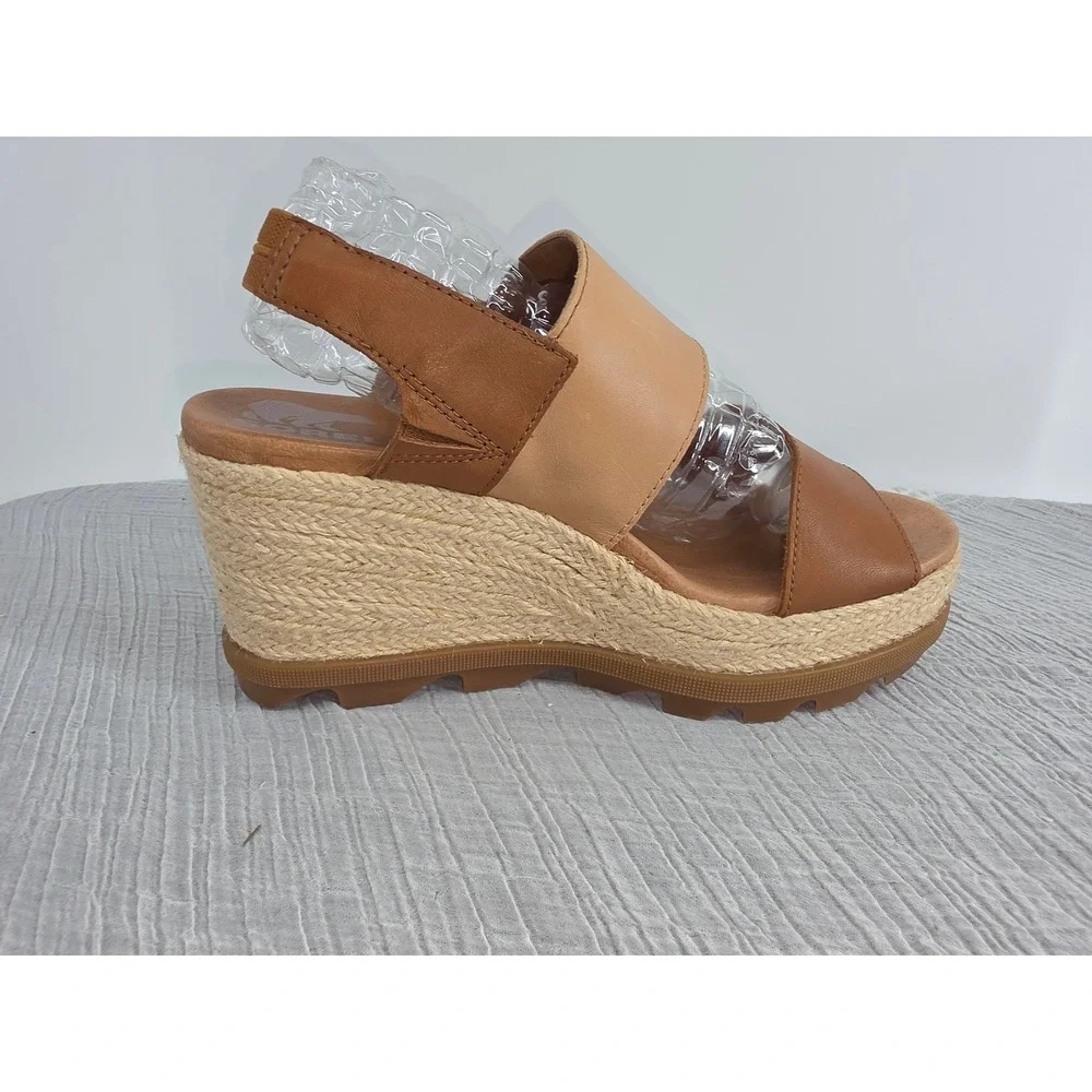 Sorel Joanie II Espadrille Wedge Sandals Tan Brown Leather Slingback 8.5